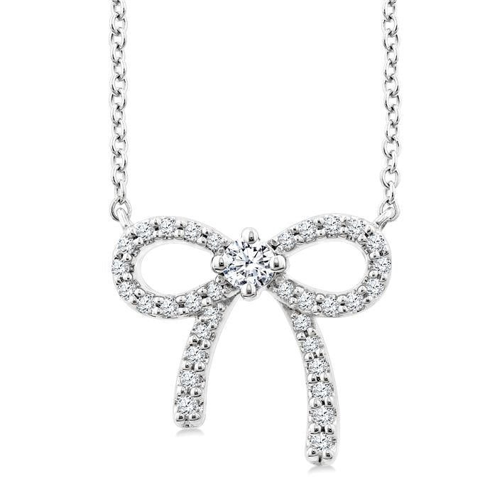 1/5 Ctw Bow Round Cut Diamond Petite Fashion Pendant With Chain in 10K White Gold