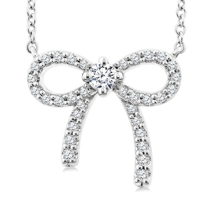 1/5 Ctw Bow Round Cut Diamond Petite Fashion Pendant With Chain in 10K White Gold