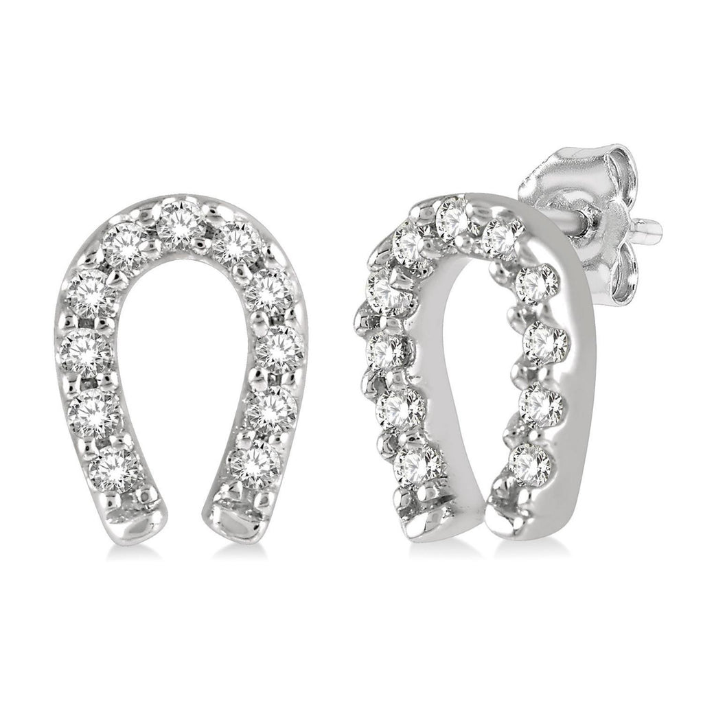 1/10 Ctw Horseshoe Charm Round Cut Diamond Petite Earrings in 10K White Gold