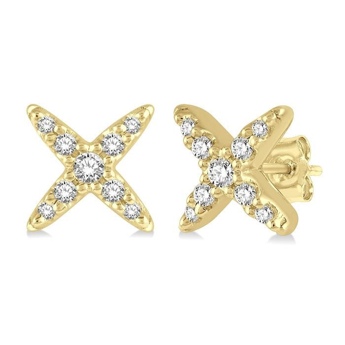 1/10 Ctw 'X' Shape Round Cut Diamond Petite Fashion Earrings in 14K Yellow Gold
