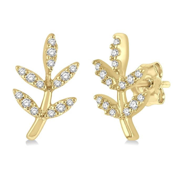 1/8 Ctw Leaf Motif Round Cut Diamond Petite Fashion Earrings in 10K Yellow Gold