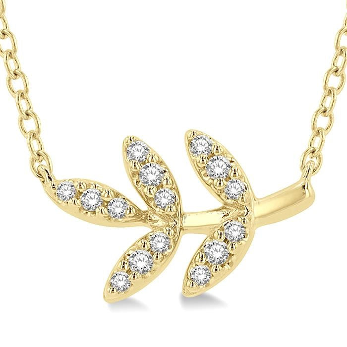1/10 Ctw Leaf Motif Round Cut Diamond Petite Fashion Pendant With Chain in 10K Yellow Gold