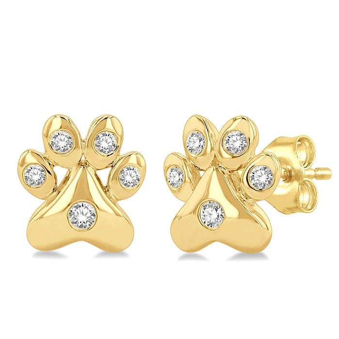 1/10 Ctw Petite Dog Paw Round Cut Diamond Fashion Stud Earrings in 10K Yellow Gold