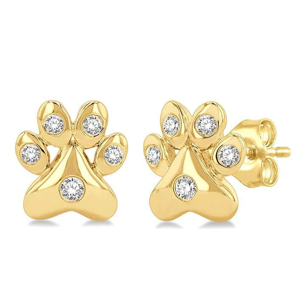 1/10 Ctw Petite Dog Paw Round Cut Diamond Fashion Stud Earrings in 10K Yellow Gold