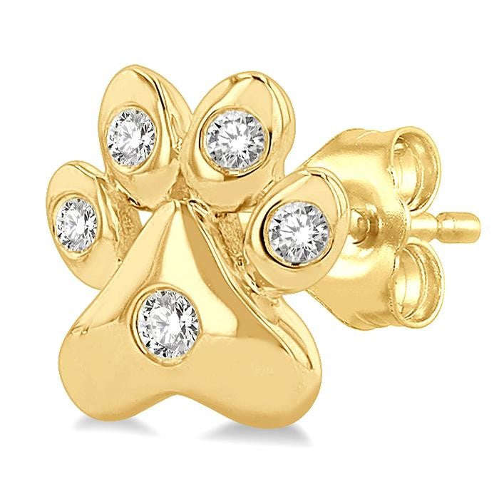 1/10 Ctw Petite Dog Paw Round Cut Diamond Fashion Stud Earrings in 10K Yellow Gold