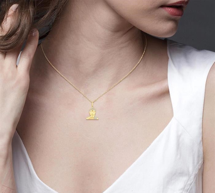 1/8 Ctw Buddha Petite Round Cut Diamond Fashion Pendant With Chain in 10K Yellow Gold