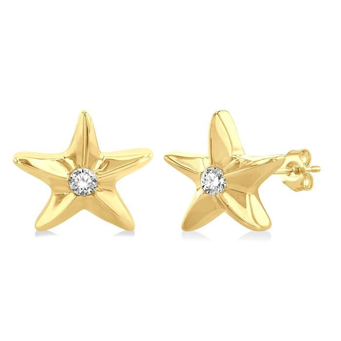 1/20 Ctw Sea Life Petite Starfish Round Cut Diamond Fashion Stud Earrings in 10K Yellow Gold