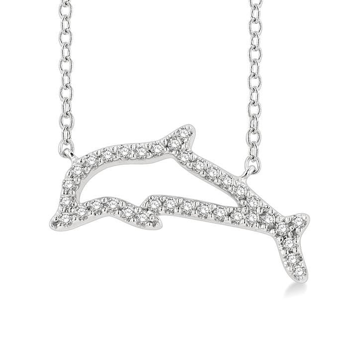 1/10 Ctw Sea Life Petite Dolphin Round Cut Diamond Fashion Pendant With Chain in 10K White Gold