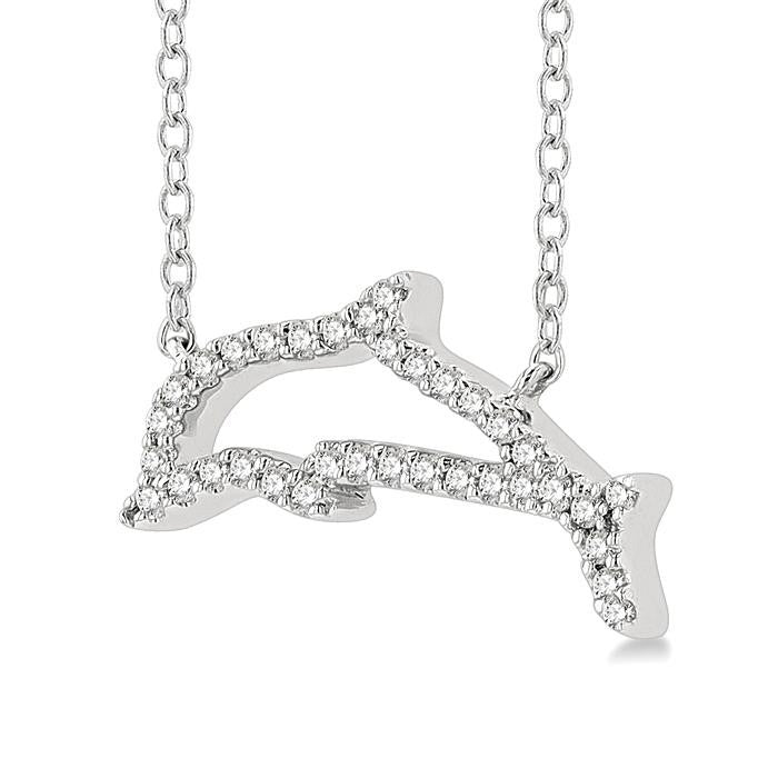 1/10 Ctw Sea Life Petite Dolphin Round Cut Diamond Fashion Pendant With Chain in 10K White Gold