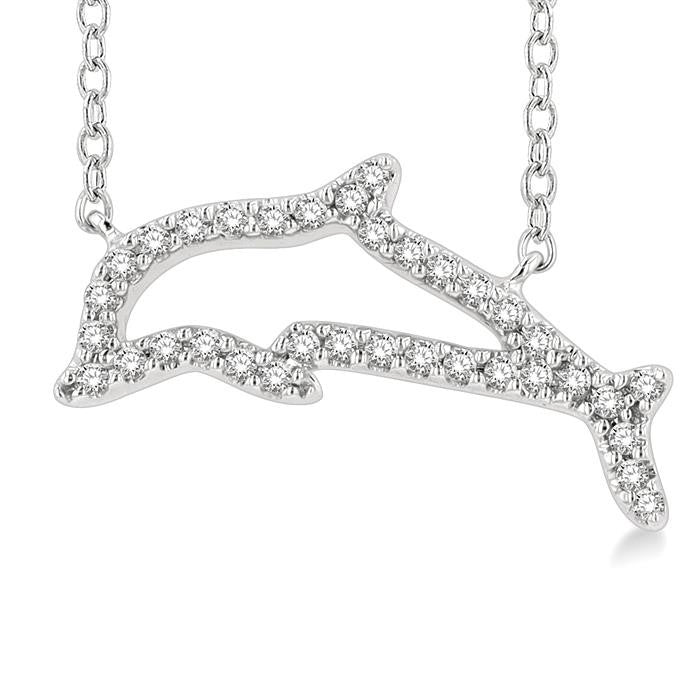 1/10 Ctw Sea Life Petite Dolphin Round Cut Diamond Fashion Pendant With Chain in 10K White Gold