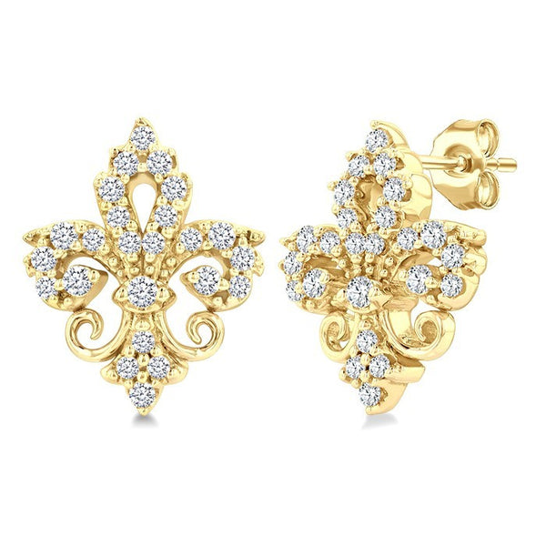 1/5 Ctw Petite Fleur De Lis Round Cut Diamond Fashion Stud Earrings in 10K Yellow Gold
