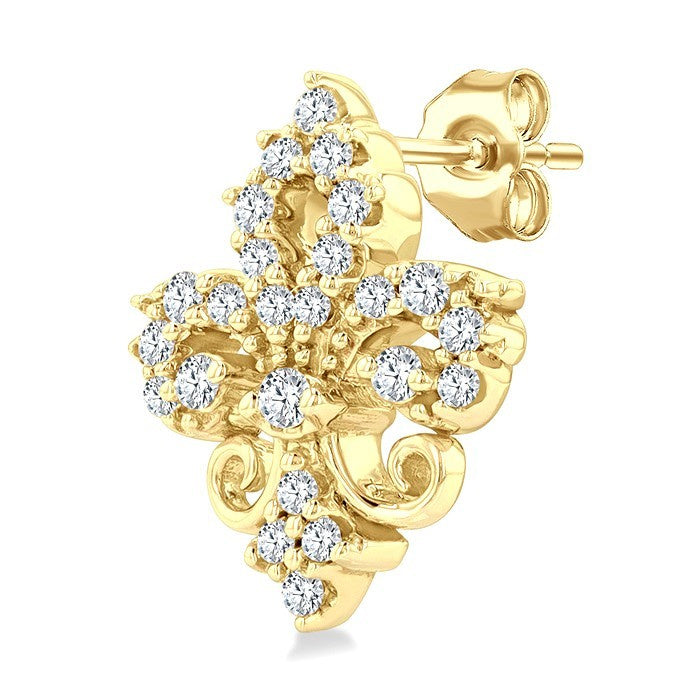 1/5 Ctw Petite Fleur De Lis Round Cut Diamond Fashion Stud Earrings in 10K Yellow Gold
