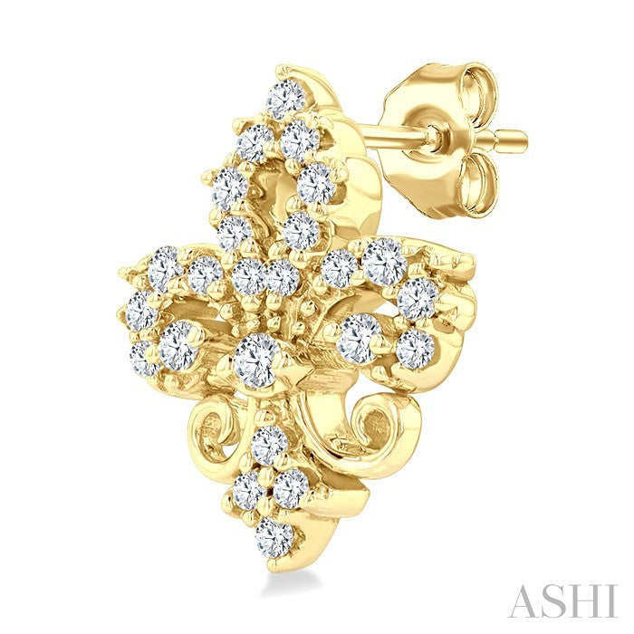 1/5 Ctw Petite Fleur De Lis Round Cut Diamond Fashion Stud Earrings in 10K Yellow Gold