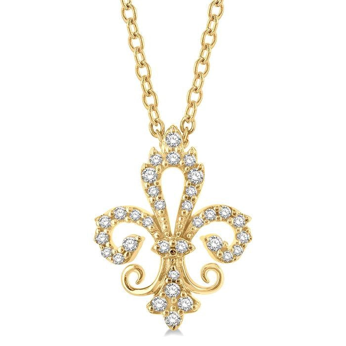 1/6 Ctw Petite Carved Fleur De Lis Round Cut Diamond Fashion Pendant With Chain in 10K Yellow Gold