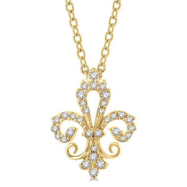 1/6 Ctw Petite Carved Fleur De Lis Round Cut Diamond Fashion Pendant With Chain in 10K Yellow Gold