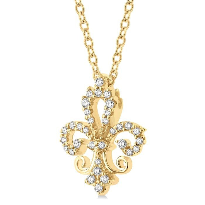 1/6 Ctw Petite Carved Fleur De Lis Round Cut Diamond Fashion Pendant With Chain in 10K Yellow Gold