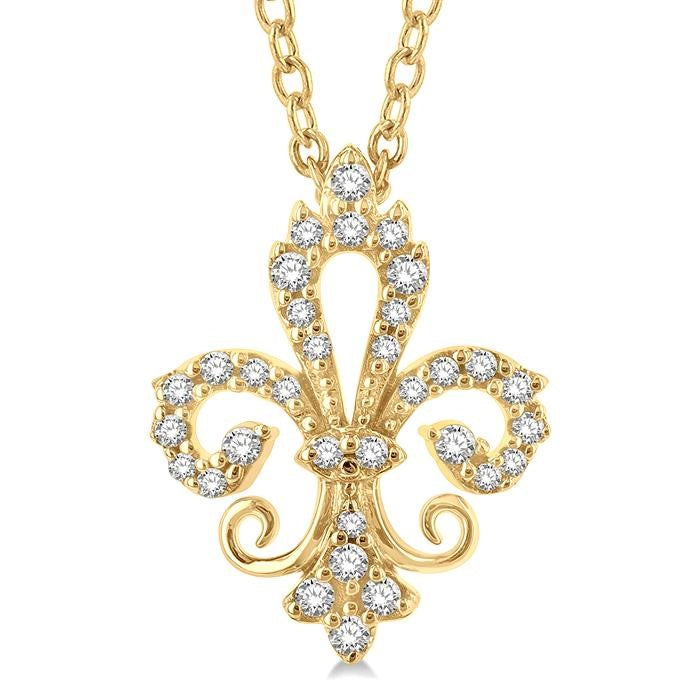 1/6 Ctw Petite Carved Fleur De Lis Round Cut Diamond Fashion Pendant With Chain in 10K Yellow Gold