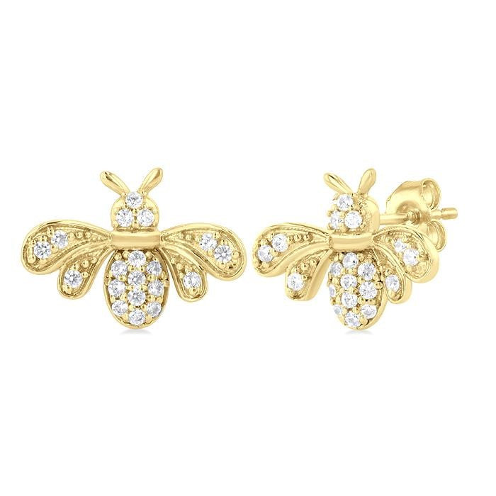1/8 Ctw Petite Bumble Bee Round Cut Diamond Fashion Stud Earrings in 10K Yellow Gold