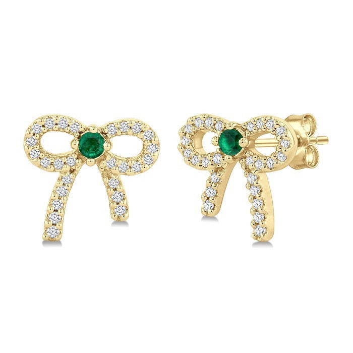 2MM Round Cut Emerald and 1/6 Ctw Round Cut Diamond Bow Petite Precious Fashion Earrings in 10K Yellow Gold