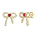 2MM Round Cut Ruby and 1/6 Ctw Round Cut Diamond Bow Petite Precious Fashion Earrings in 10K Yellow Gold