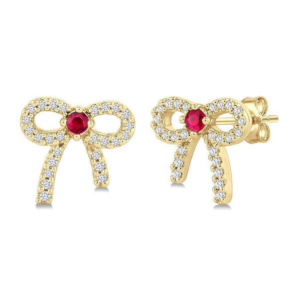 2MM Round Cut Ruby and 1/6 Ctw Round Cut Diamond Bow Petite Precious Fashion Earrings in 10K Yellow Gold