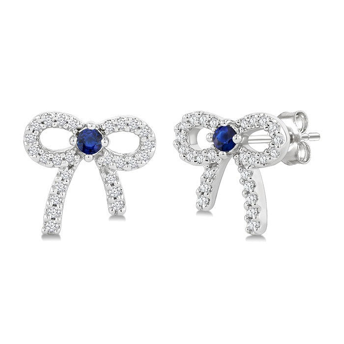 2MM Round Cut Sapphire and 1/6 Ctw Round Cut Diamond Bow Petite Precious Fashion Earrings in 10K White Gold
