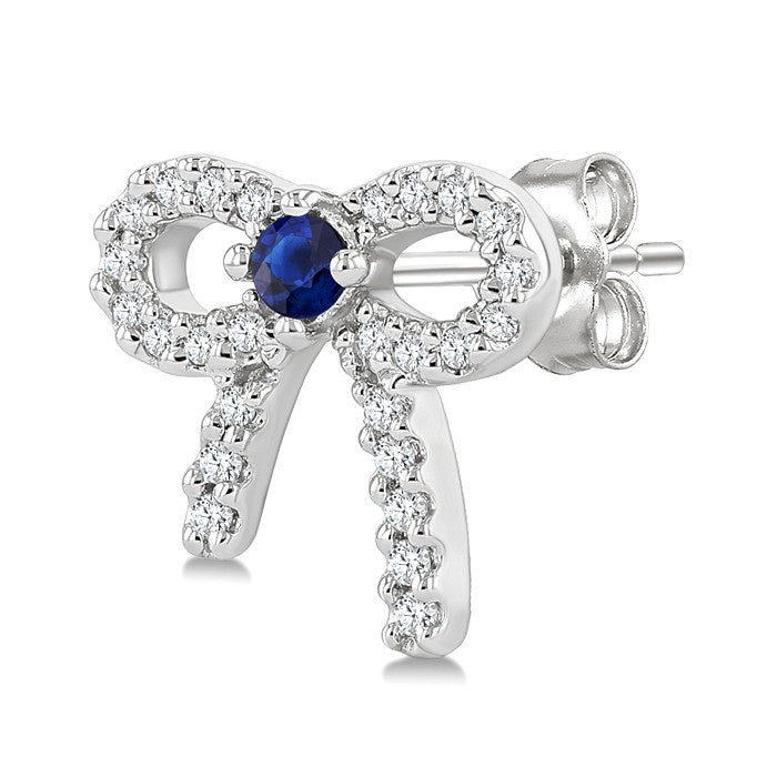 2MM Round Cut Sapphire and 1/6 Ctw Round Cut Diamond Bow Petite Precious Fashion Earrings in 10K White Gold