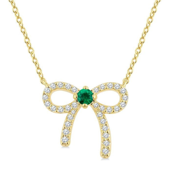 2.40 MM Round Shape Emerald and 1/8 Ctw Bow Round Cut Diamond Fashion Pendant With Chain in 10k Yellow Gold