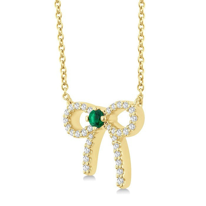 2.40 MM Round Shape Emerald and 1/8 Ctw Bow Round Cut Diamond Fashion Pendant With Chain in 10k Yellow Gold
