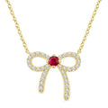 2.40 MM Round Shape Ruby and 1/8 Ctw Bow Round Cut Diamond Fashion Pendant With Chain in 10k Yellow Gold