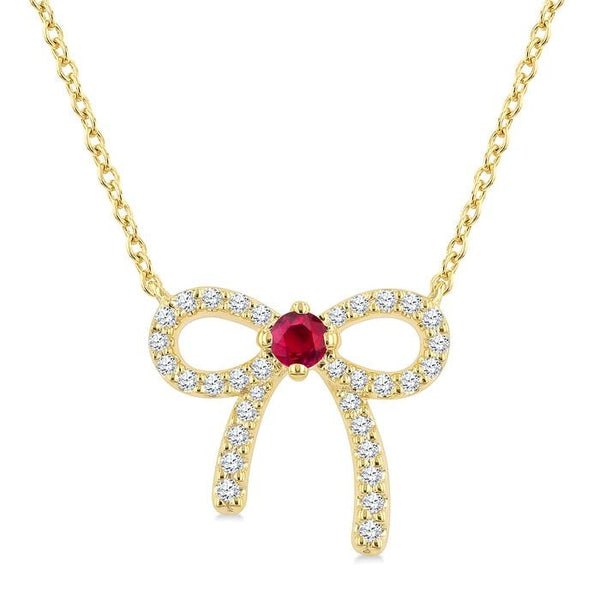 2.40 MM Round Shape Ruby and 1/8 Ctw Bow Round Cut Diamond Fashion Pendant With Chain in 10k Yellow Gold