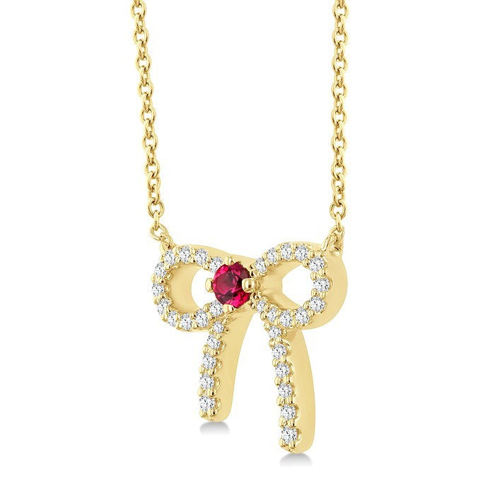 2.40 MM Round Shape Ruby and 1/8 Ctw Bow Round Cut Diamond Fashion Pendant With Chain in 10k Yellow Gold