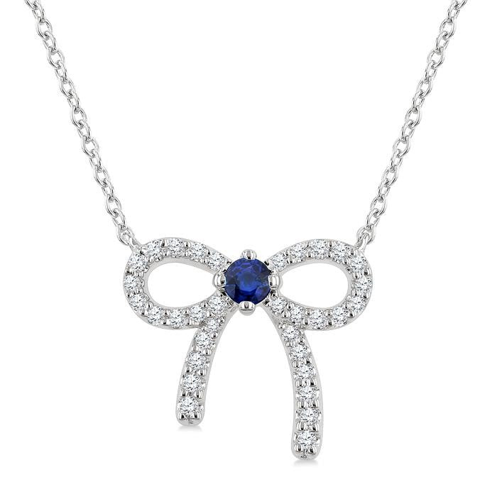 2.40 MM Round Shape Sapphire and 1/8 Ctw Bow Round Cut Diamond Fashion Pendant With Chain in 10k White Gold