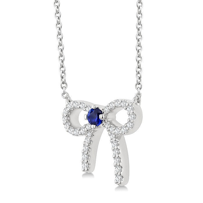 2.40 MM Round Shape Sapphire and 1/8 Ctw Bow Round Cut Diamond Fashion Pendant With Chain in 10k White Gold