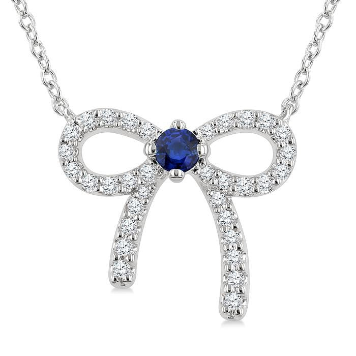 2.40 MM Round Shape Sapphire and 1/8 Ctw Bow Round Cut Diamond Fashion Pendant With Chain in 10k White Gold