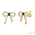 2MM Round Cut Emerald and 1/6 Ctw Round Cut Diamond Bow Petite Precious Fashion Earrings in 10K Yellow Gold