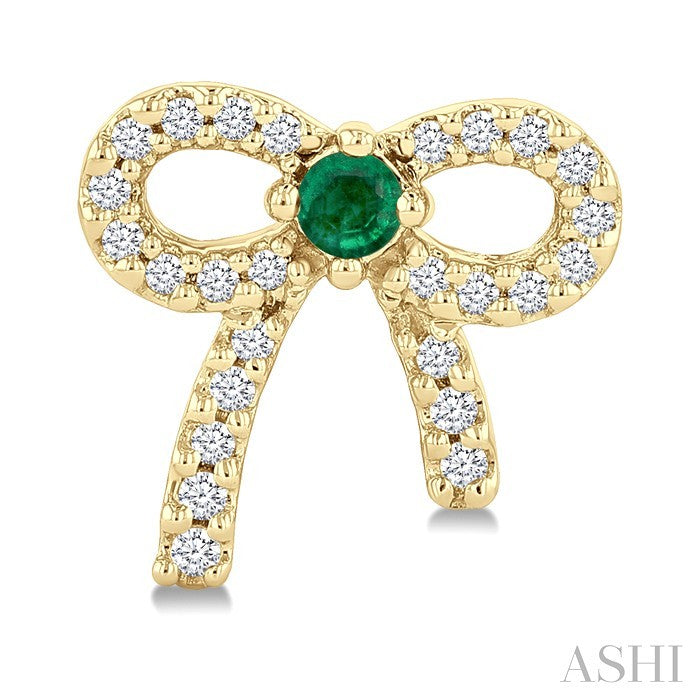 2MM Round Cut Emerald and 1/6 Ctw Round Cut Diamond Bow Petite Precious Fashion Earrings in 10K Yellow Gold