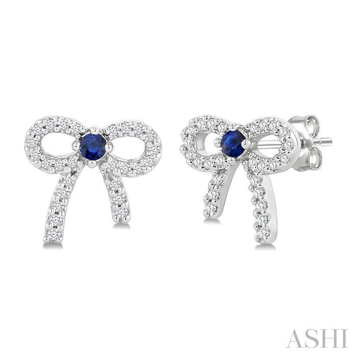 2MM Round Cut Sapphire and 1/6 Ctw Round Cut Diamond Bow Petite Precious Fashion Earrings in 10K White Gold