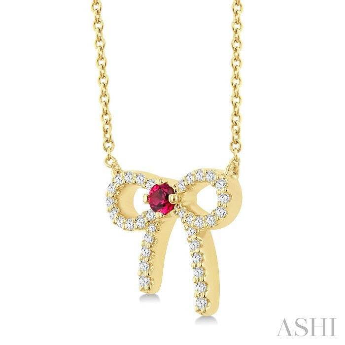 2.40 MM Round Shape Ruby and 1/8 Ctw Bow Round Cut Diamond Fashion Pendant With Chain in 10k Yellow Gold