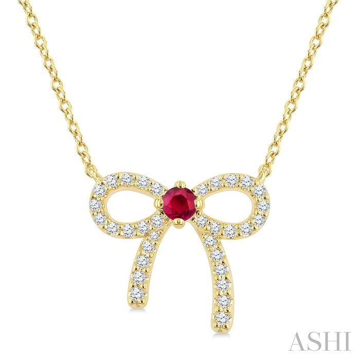 2.40 MM Round Shape Ruby and 1/8 Ctw Bow Round Cut Diamond Fashion Pendant With Chain in 10k Yellow Gold