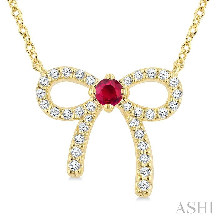 2.40 MM Round Shape Ruby and 1/8 Ctw Bow Round Cut Diamond Fashion Pendant With Chain in 10k Yellow Gold