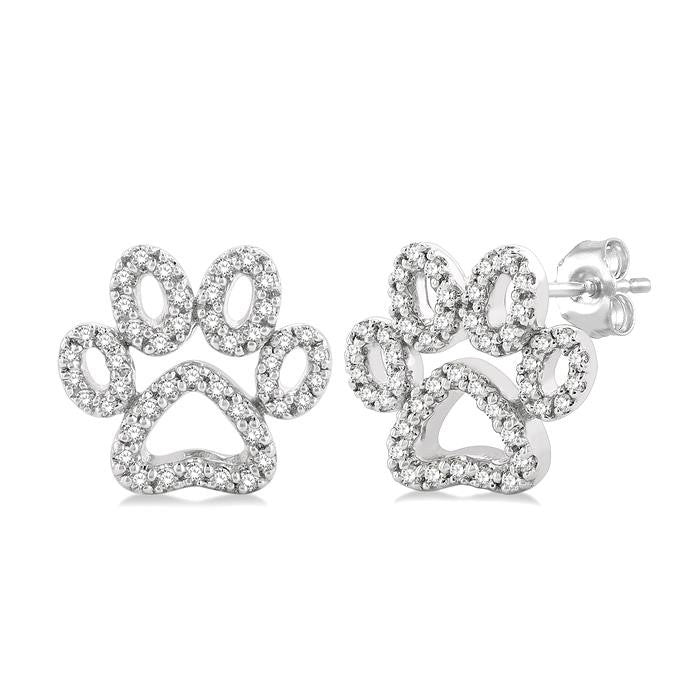 1/4 Ctw Petite Dog Paw Round Cut Diamond Fashion Stud Earrings in 10K White Gold