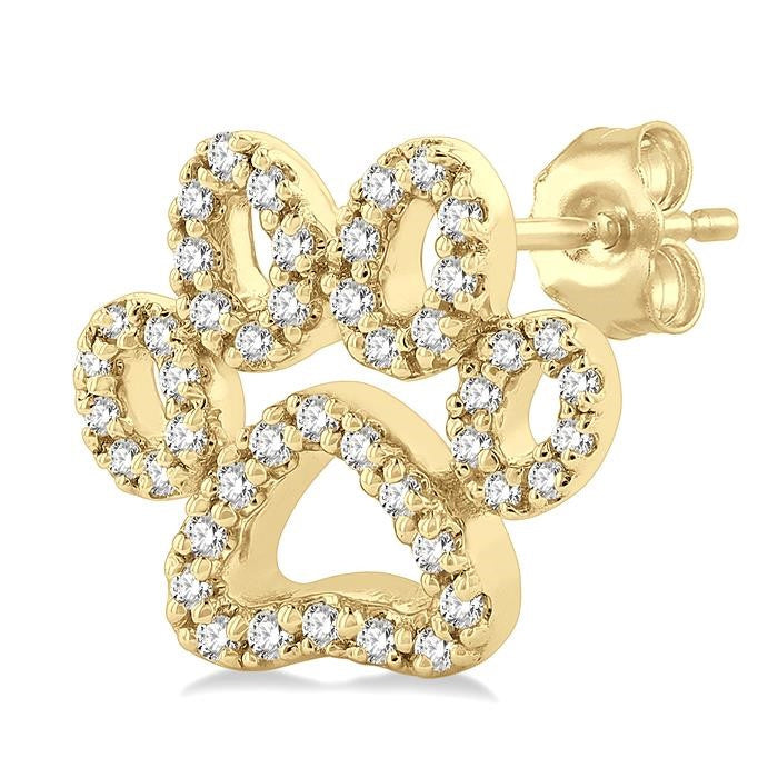 1/4 Ctw Petite Dog Paw Round Cut Diamond Fashion Stud Earrings in 10K Yellow Gold