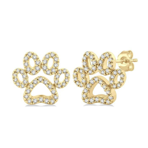 1/4 Ctw Petite Dog Paw Round Cut Diamond Fashion Stud Earrings in 10K Yellow Gold
