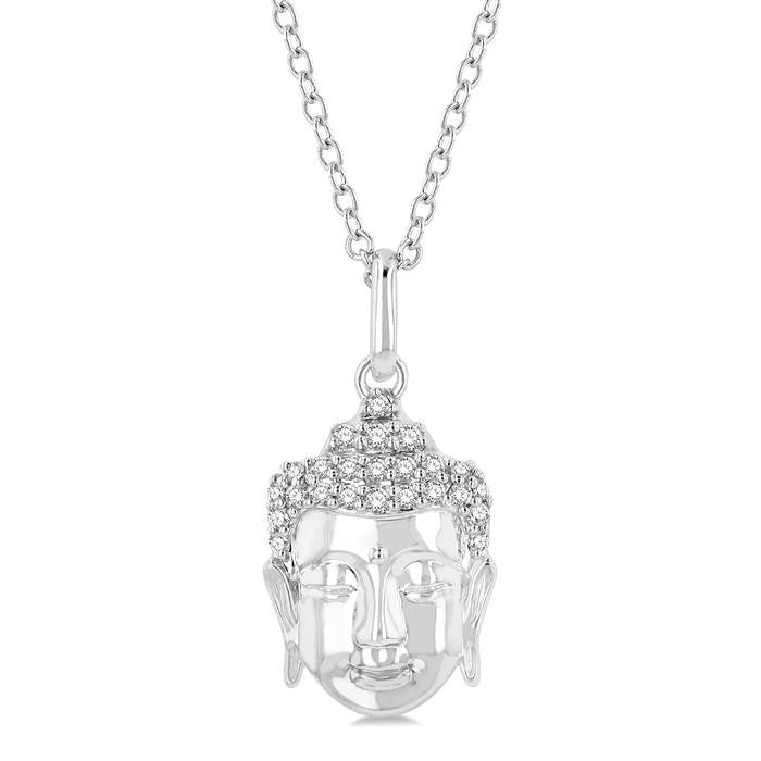 1/10 Ctw Head of Buddha Petite Round Cut Diamond Fashion Pendant With Chain in 10K White Gold