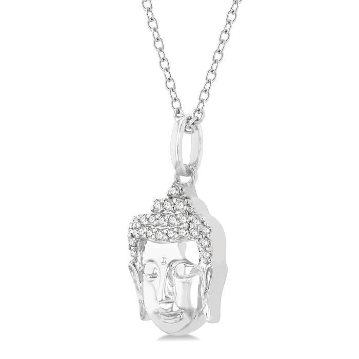 1/10 Ctw Head of Buddha Petite Round Cut Diamond Fashion Pendant With Chain in 10K White Gold