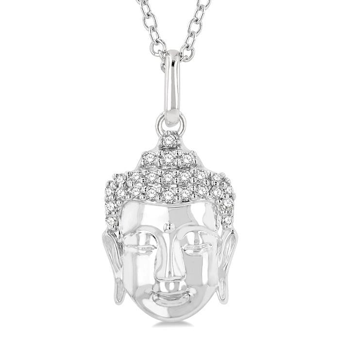 1/10 Ctw Head of Buddha Petite Round Cut Diamond Fashion Pendant With Chain in 10K White Gold