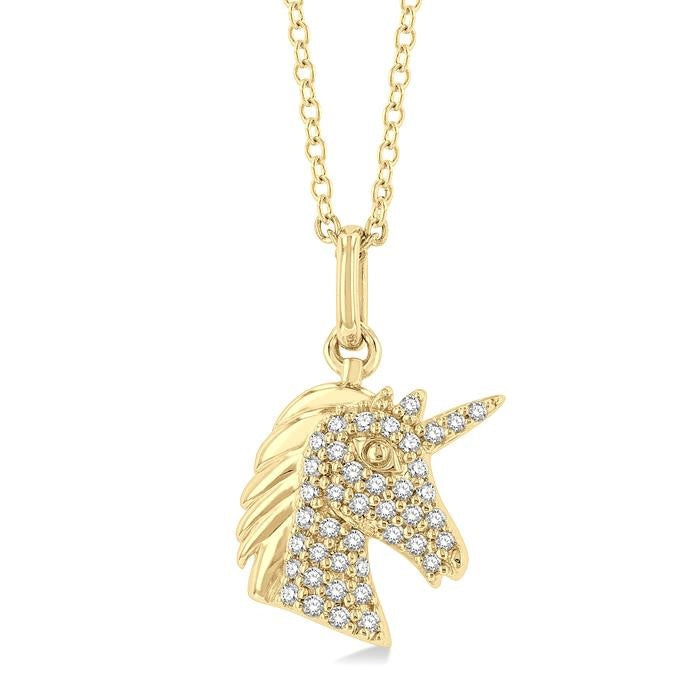 1/6 Ctw Petite Unicorn Head Round Cut Diamond Fashion Pendant With Chain in 10K Yellow Gold