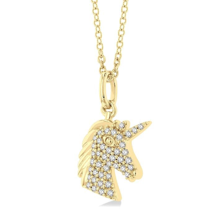 1/6 Ctw Petite Unicorn Head Round Cut Diamond Fashion Pendant With Chain in 10K Yellow Gold