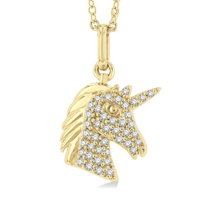 1/6 Ctw Petite Unicorn Head Round Cut Diamond Fashion Pendant With Chain in 10K Yellow Gold